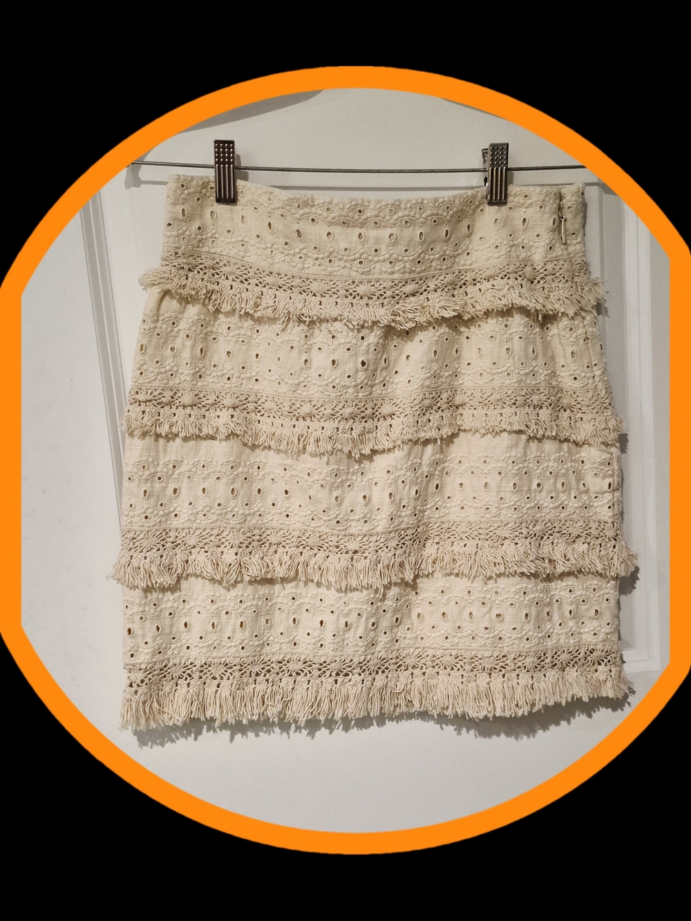 HD in Paris Cream Embroided Eyelet Fringe Midi Skirt Fully Lined/Linen & Cotton